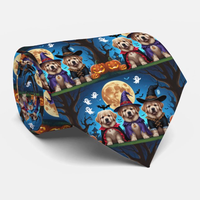 Newfoundland Dogs Pumpkin Halloween Funny  Neck Tie (Rolled)