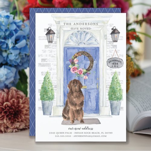 Newfoundland Front Door Moving Announcement - Announce your new address with our stylish announcement featuring a Newfoundland, blue front door, welcome mat, slate sign, topiaries and a floral wreath set on a gray brick background.