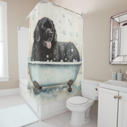 Newfoundland In Bathtub Watercolor Dog Art  Shower Curtain