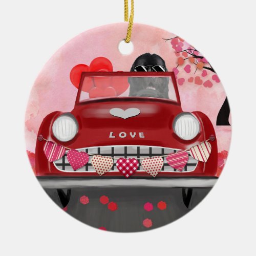 Newfoundland in car with hearts ceramic ornament