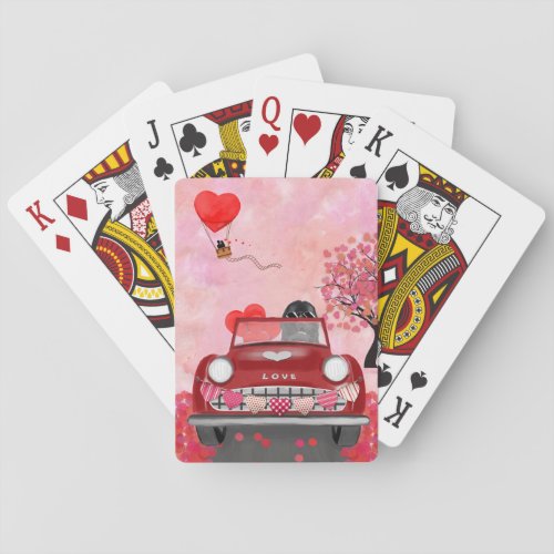 Newfoundland in car with hearts playing cards