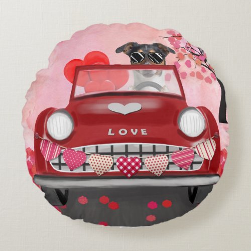 Newfoundland in car with hearts round pillow