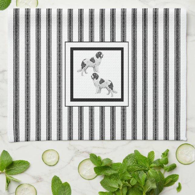 Newfoundland  Landseer  on black and white stripe Kitchen Towel (Folded)