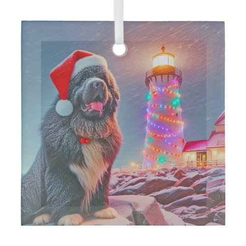 Newfoundland Next to Christmas Lighthouse  Glass Ornament