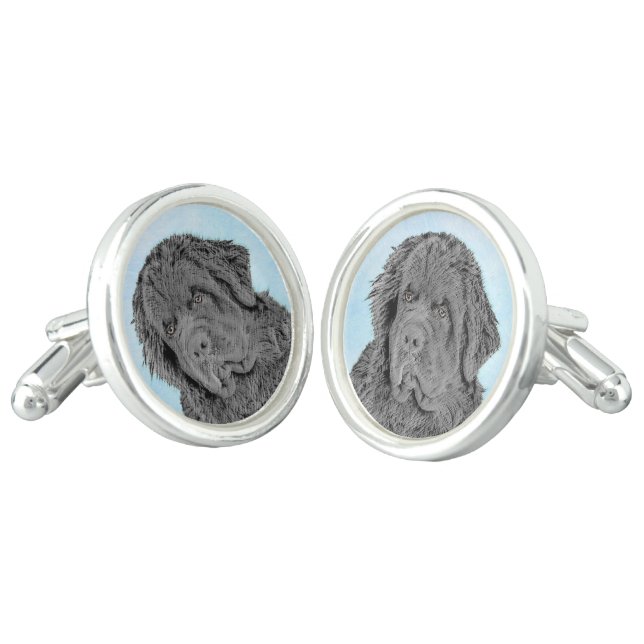 Newfoundland Painting - Cute Original Dog Art Cufflinks (Angled)