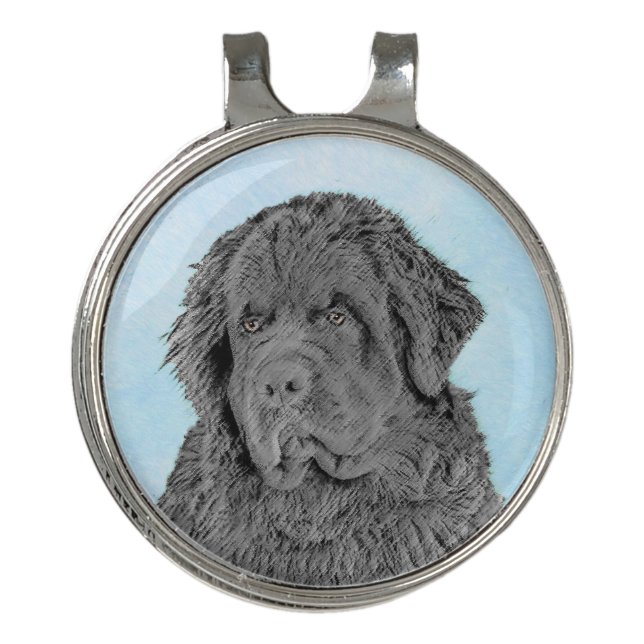Newfoundland Painting - Cute Original Dog Art Golf Hat Clip (Front)