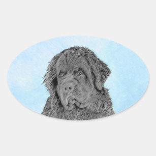 Newfoundland Painting - Cute Original Dog Art Oval Sticker