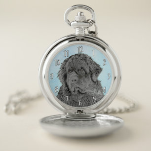 Newfoundland Painting - Cute Original Dog Art Pocket Watch