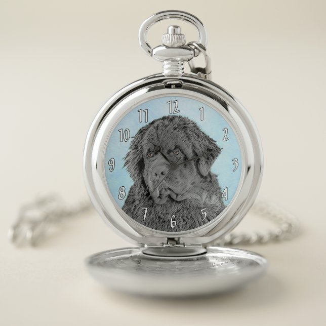 Newfoundland Painting - Cute Original Dog Art Pocket Watch (Inside)