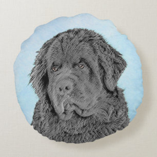 Newfoundland Painting - Cute Original Dog Art Round Pillow