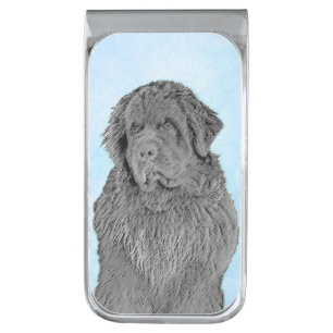 Newfoundland Painting - Cute Original Dog Art Silver Finish Money Clip