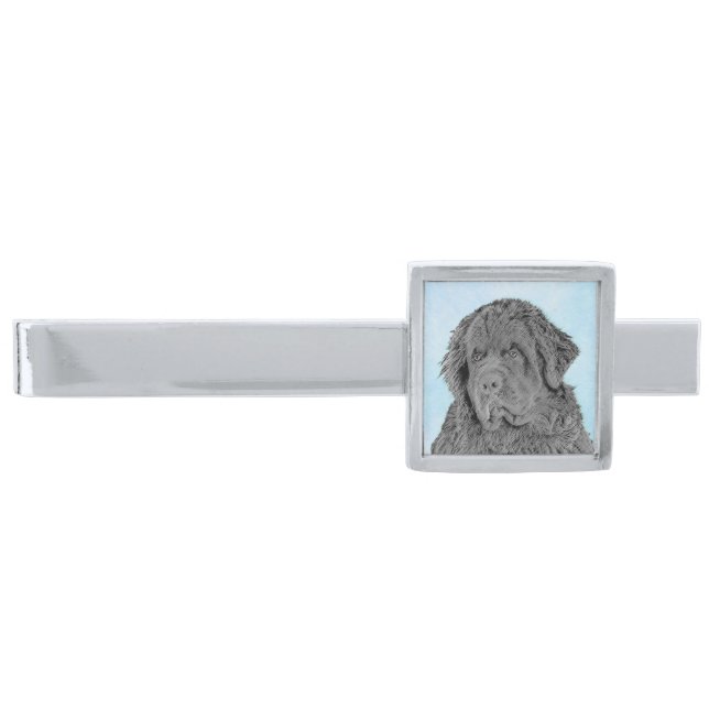 Newfoundland Painting - Cute Original Dog Art Silver Finish Tie Bar (Front)