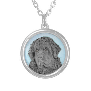 Newfoundland Painting - Cute Original Dog Art Silver Plated Necklace