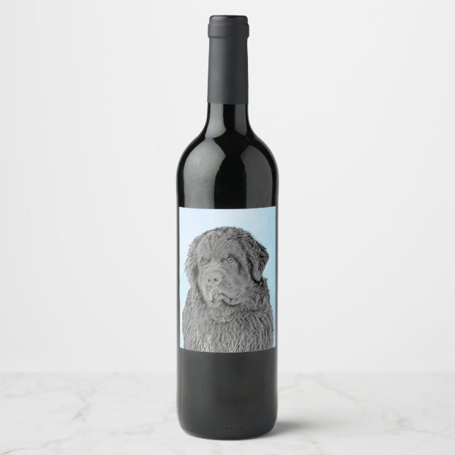 Newfoundland Painting - Cute Original Dog Art Wine Label (Front)