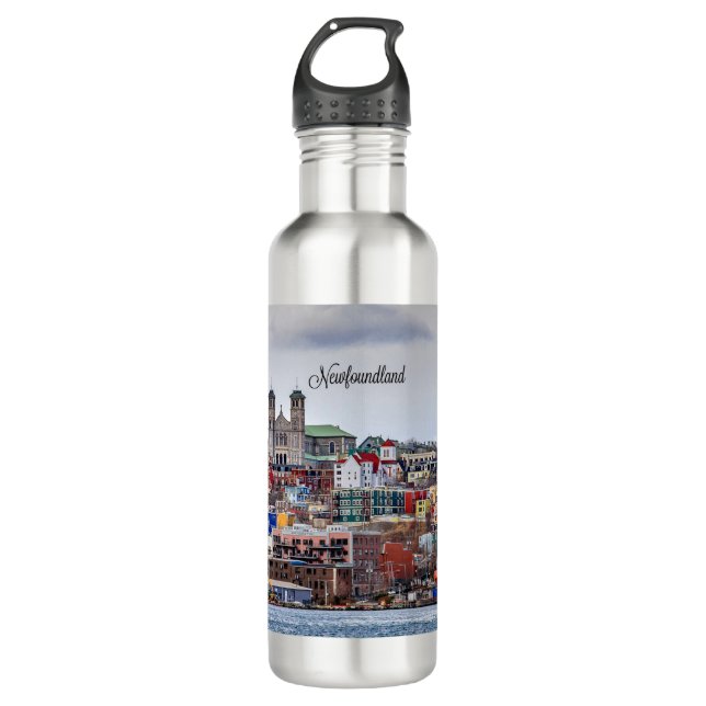 Newfoundland, panoramic cityscape photograph stainless steel water bottle (Front)