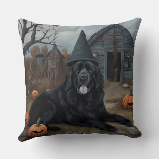 Newfoundland Pumpkins Halloween Scary  Throw Pillow (Back)
