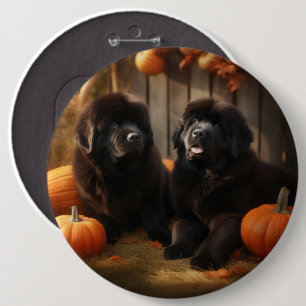 Newfoundland Puppy Autumn Delight Pumpkin Button