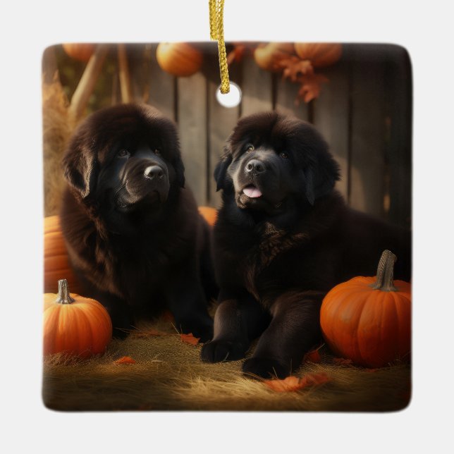 Newfoundland Puppy Autumn Delight Pumpkin Ceramic Ornament (Front)