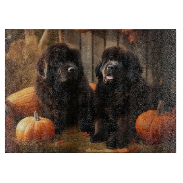 Newfoundland Puppy Autumn Delight Pumpkin Cutting Board (Front)
