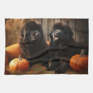 Newfoundland Puppy Autumn Delight Pumpkin Kitchen Towel