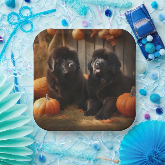 Newfoundland Puppy Autumn Delight Pumpkin Paper Plates (Party)