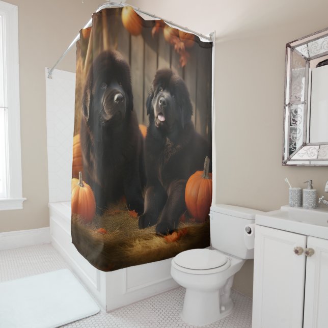 Newfoundland Puppy Autumn Delight Pumpkin Shower Curtain (In Situ)