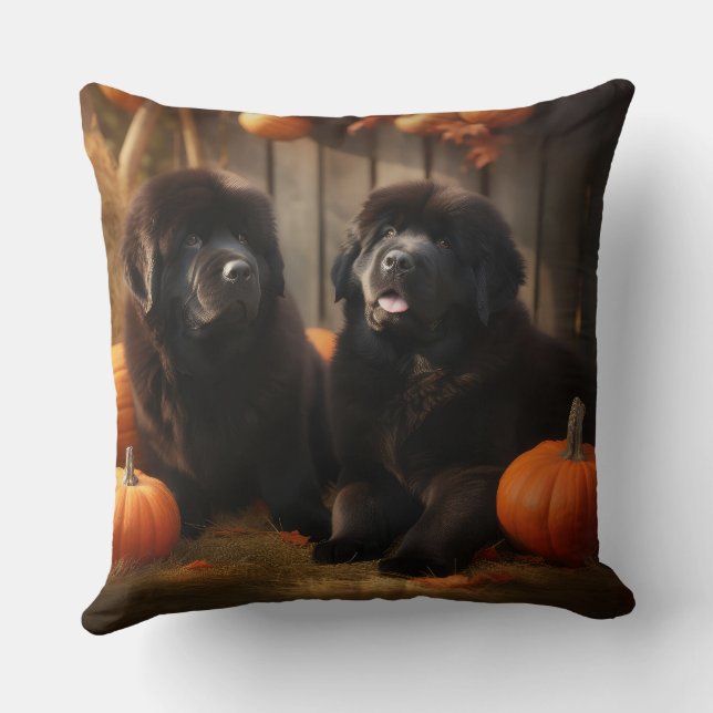 Newfoundland Puppy Autumn Delight Pumpkin Throw Pillow (Back)