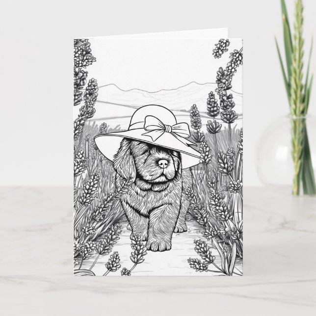 Newfoundland Puppy Dog in a Lavender Flower Field Card (Front)