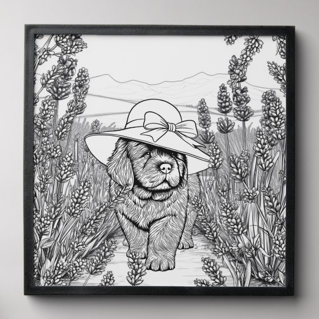 Newfoundland Puppy Dog in a Lavender Flower Field Peel And Stick Photo Tile (Front Set)