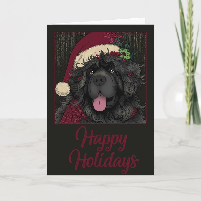 Newfoundland Puppy Dog Santa Hat "Happy Holidays" Holiday Card (Front)