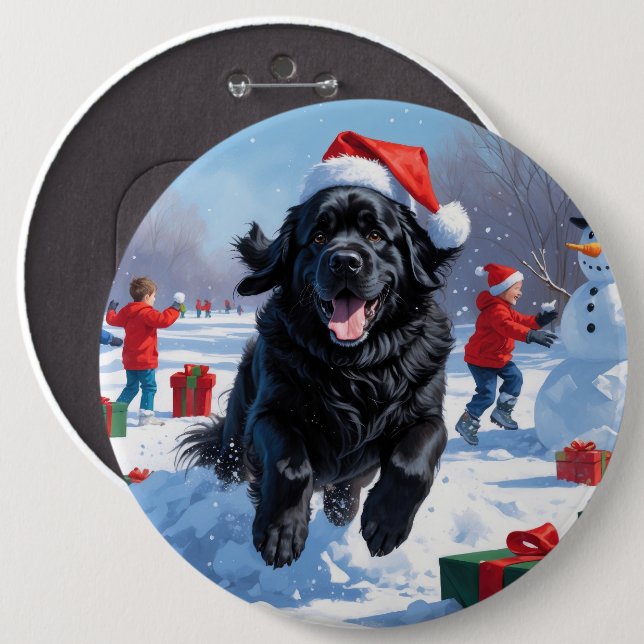Newfoundland Running in Snow with Christmas Hat Button (Front & Back)