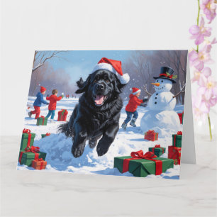 Newfoundland Running in Snow with Christmas Hat Card