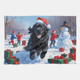 Newfoundland Running in Snow with Christmas Hat Kitchen Towel