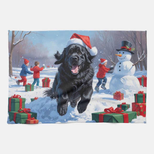Newfoundland Running in Snow with Christmas Hat Kitchen Towel (Horizontal)