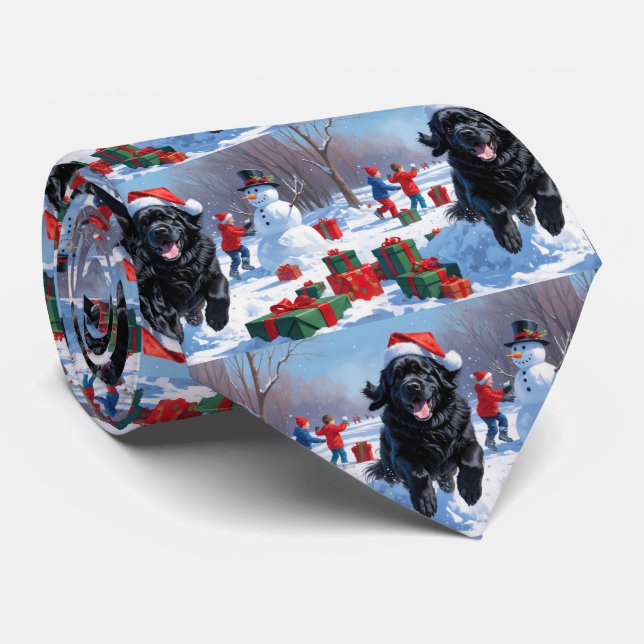 Newfoundland Running in Snow with Christmas Hat Neck Tie (Rolled)