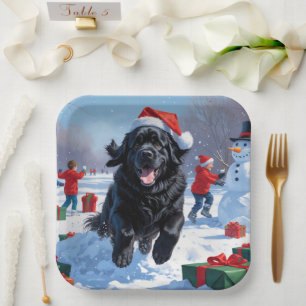 Newfoundland Running in Snow with Christmas Hat Paper Plates