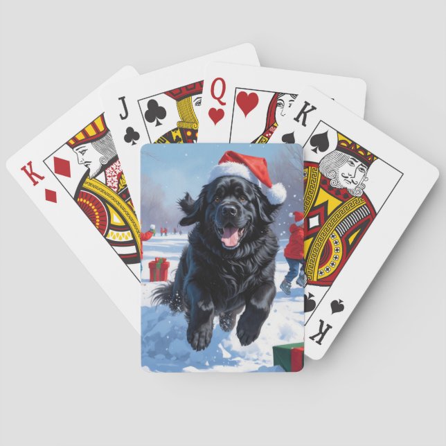 Newfoundland Running in Snow with Christmas Hat Poker Cards (Back)