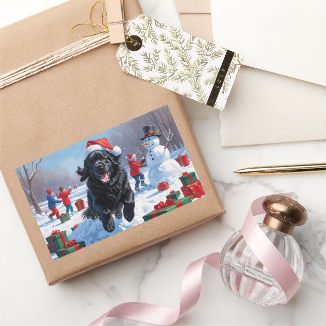 Newfoundland Running in Snow with Christmas Hat Rectangular Sticker (Gifting)