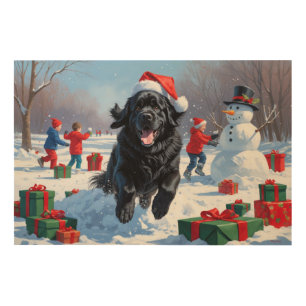 Newfoundland Running in Snow with Christmas Hat Wood Wall Art