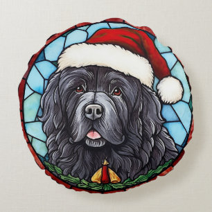 Newfoundland Stained Glass Christmas Round Pillow