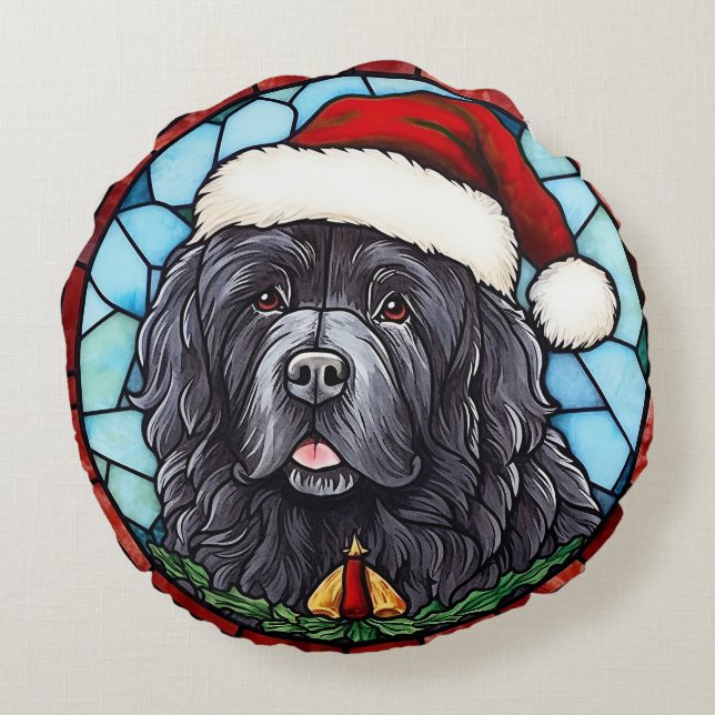 Newfoundland Stained Glass Christmas Round Pillow (Back)