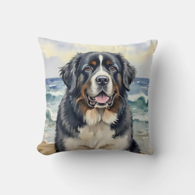 Newfoundland Watercolor Ocean Wave Art Throw Pillow (Front)