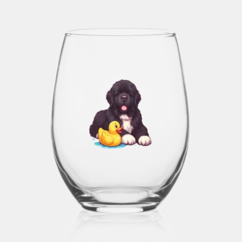 Newfoundland with a rubber duck   stemless wine glass