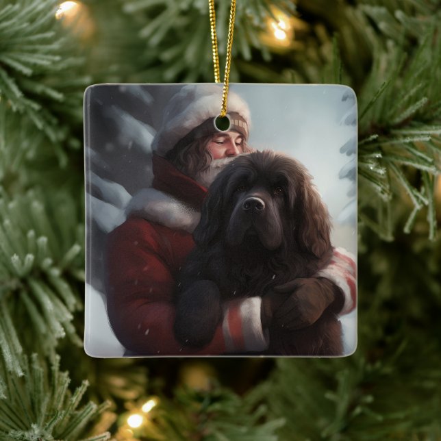 Newfoundland With Santa Claus Festive Christmas  Ceramic Ornament (Tree)