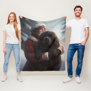 Newfoundland With Santa Claus Festive Christmas Fleece Blanket