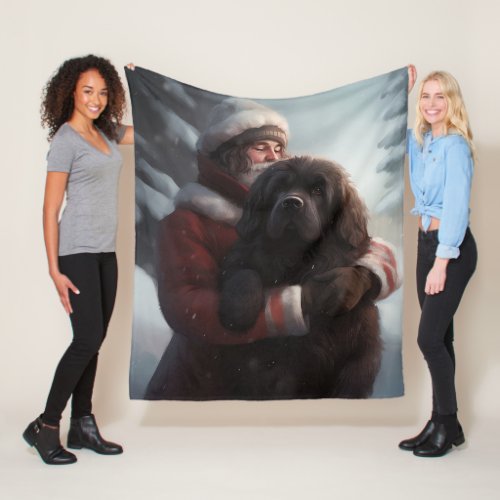 Newfoundland With Santa Claus Festive Christmas  Fleece Blanket