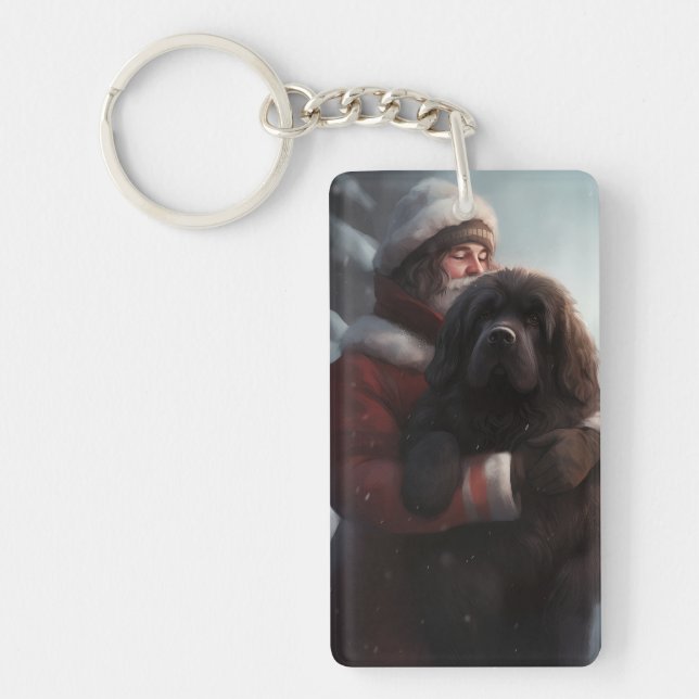 Newfoundland With Santa Claus Festive Christmas  Keychain (Front)