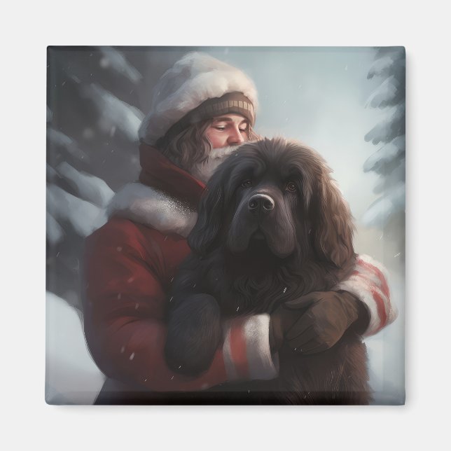 Newfoundland With Santa Claus Festive Christmas  Magnet (Front)