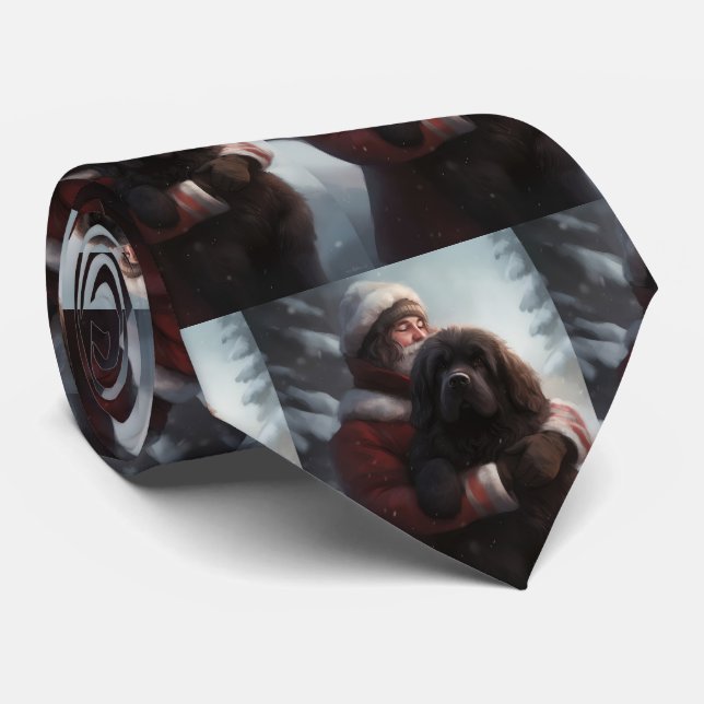 Newfoundland With Santa Claus Festive Christmas  Neck Tie (Rolled)