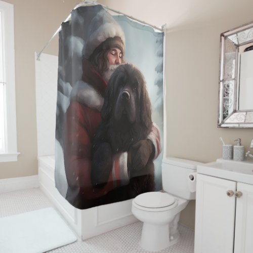 Newfoundland With Santa Claus Festive Christmas  Shower Curtain